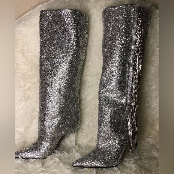 Steve Madden Silver Women's Boots Sanya Rhinestone Fringe Knee High Boot 6M NWOT - Picture 11 of 13